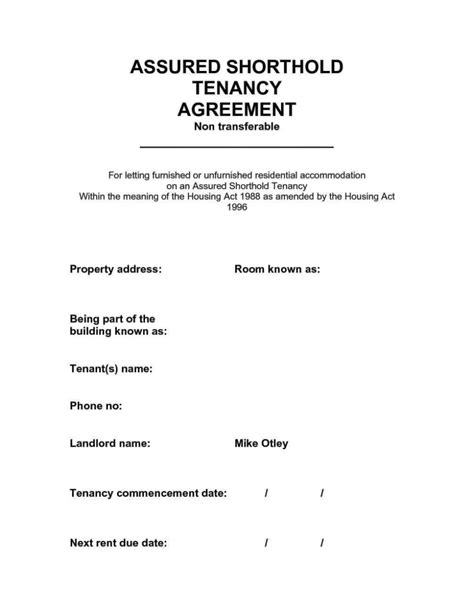 Assured Shorthold Tenancy Agreement Form